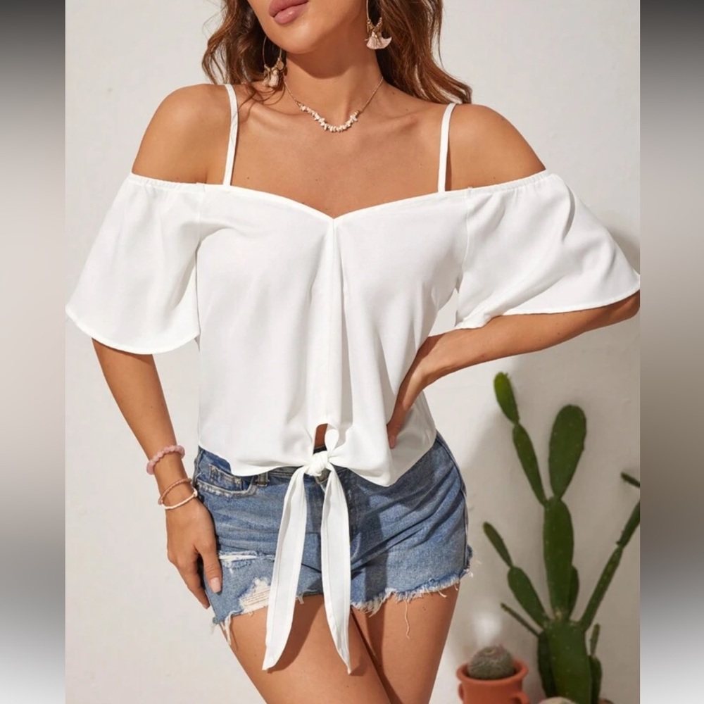 White tie front cold shoulder blouse